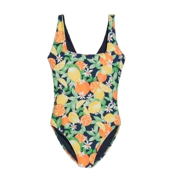 NWT Old Navy TwistBack Cutout One-Piece High Cut Swimsuit Lemon Oranges Print XL - Picture 2 of 9
